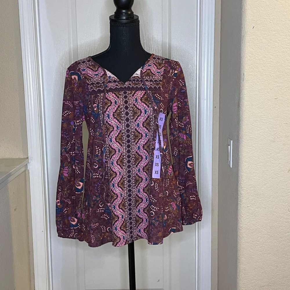 Vintage America L/S Print Peasant Top NWT